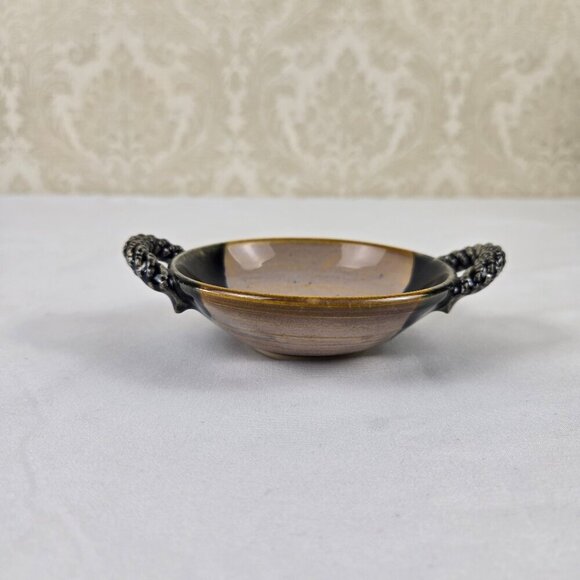 Studio Pottery Handmade Small Trinket Dish Bowl with Double Handles Cream Black - Picture 2 of 11